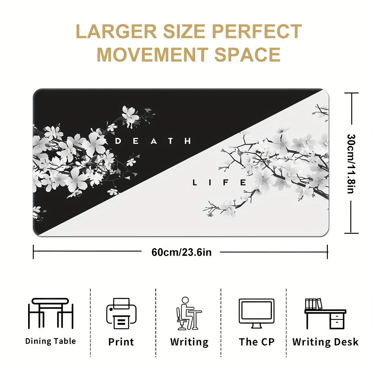 Black & White Cherry Blossom Gaming Mouse Pad – Life & Death - Cyber Setups - 23.6x11.8Inch(60x30X0.2CM)