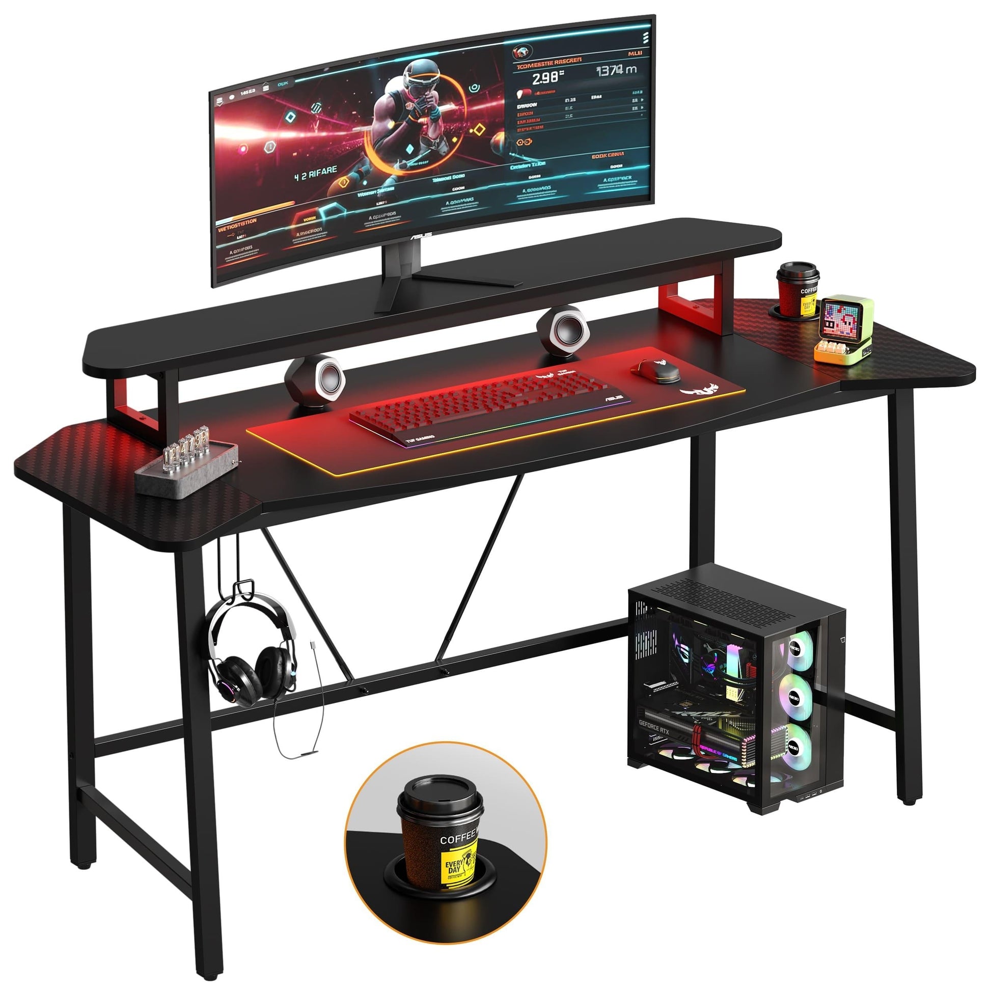 63 Inch Gaming Desk, For Home And Office, Black - Cyber Setups - Black