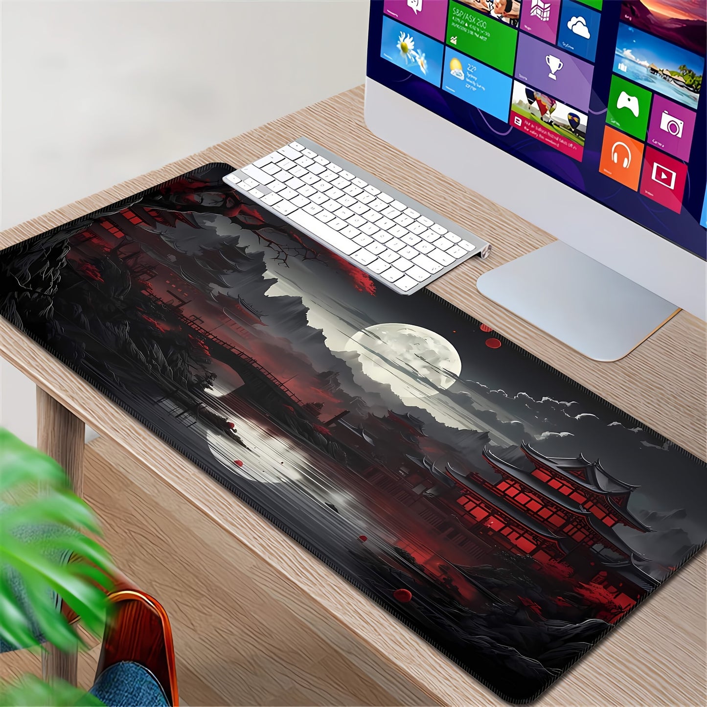 Crimson Moon Pagoda Gaming Mouse Pad – XXLarge Desk Mat - Cyber Setups - 35x16 In.(90x40 Cm)