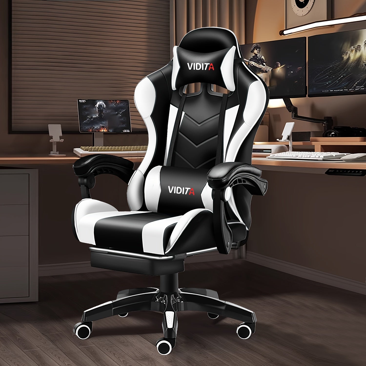 Ergonomic Racing Style Gaming Chair with Lumbar Support and Caster Wheels - Cyber Setups - Black-White