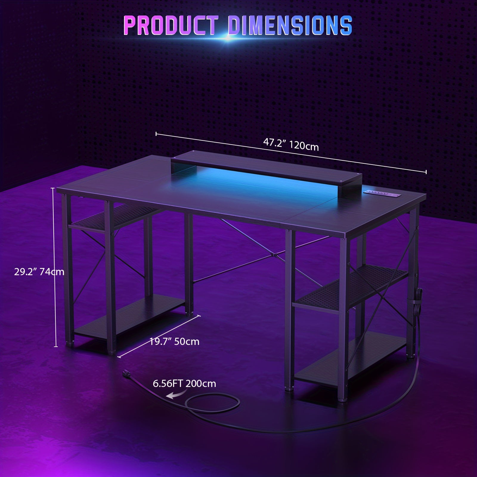 Armocity Black Computer Desk with LED Lights, Power Outlet, Storage Shelves, and Monitor Stand - Cyber Setups - 47 Inch