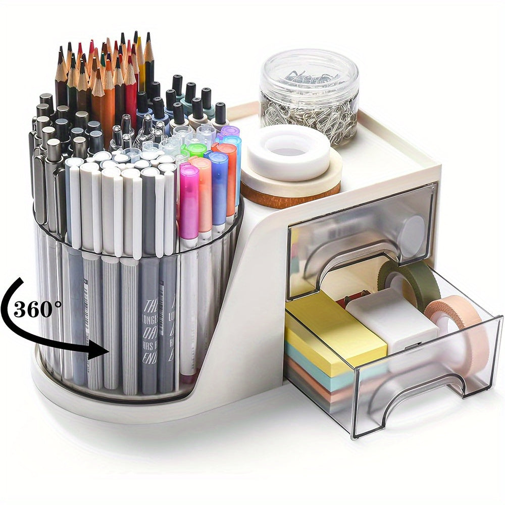 Rotating Desk Organizer with 2 Drawer, 4 Compartments - Cyber Setups - White