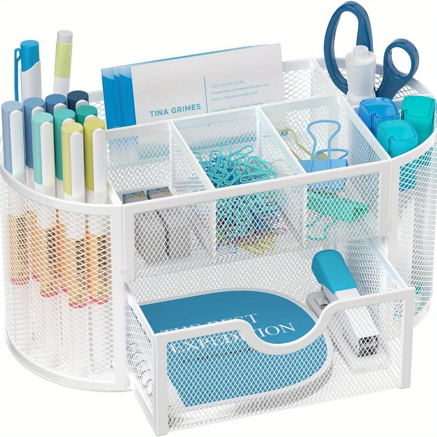 JMHUD Mesh Desk Organizer, 9 Compartments, 8.6 x 4.3 x 4.1 Inch - Cyber Setups - White