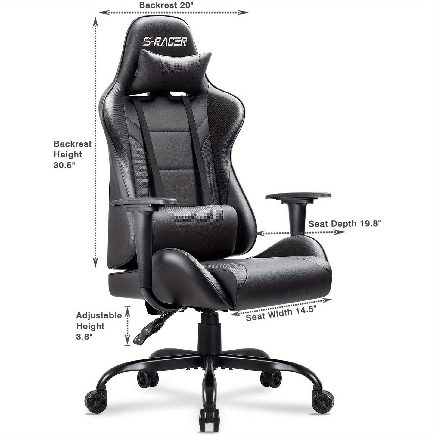 High Back Racing Gaming Chair with Adjustable Seat, Headrest, and Swivel Function - Cyber Setups - Black