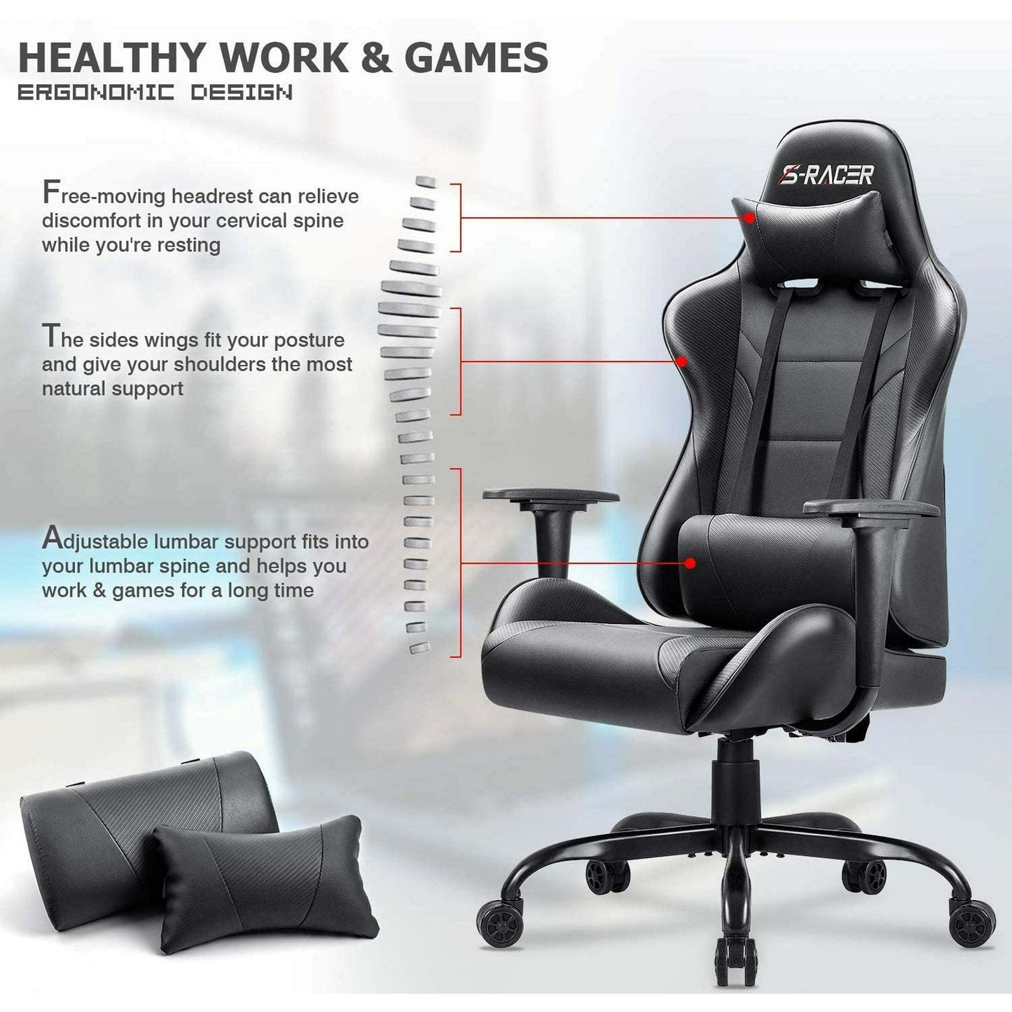 High Back Racing Gaming Chair with Adjustable Seat, Headrest, and Swivel Function - Cyber Setups - Black