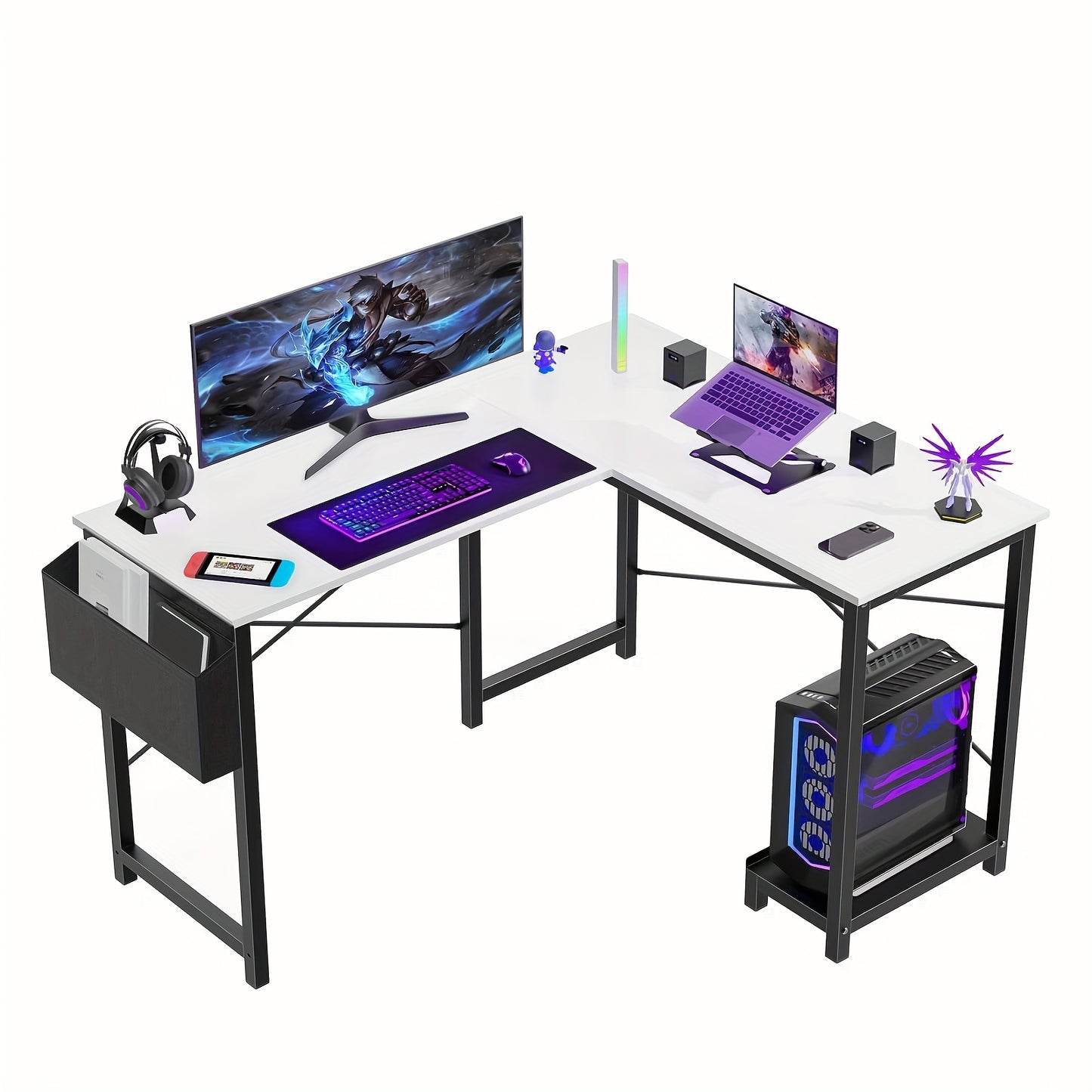 SMUG L-Shaped Computer Desk, Reversible Workstation with Storage Bag - Cyber Setups - White