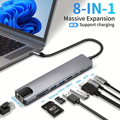 8 in 1 USB C Hub Type C to 4K HDTV Adapter - Cyber Setups - 3937.01inch RJ45