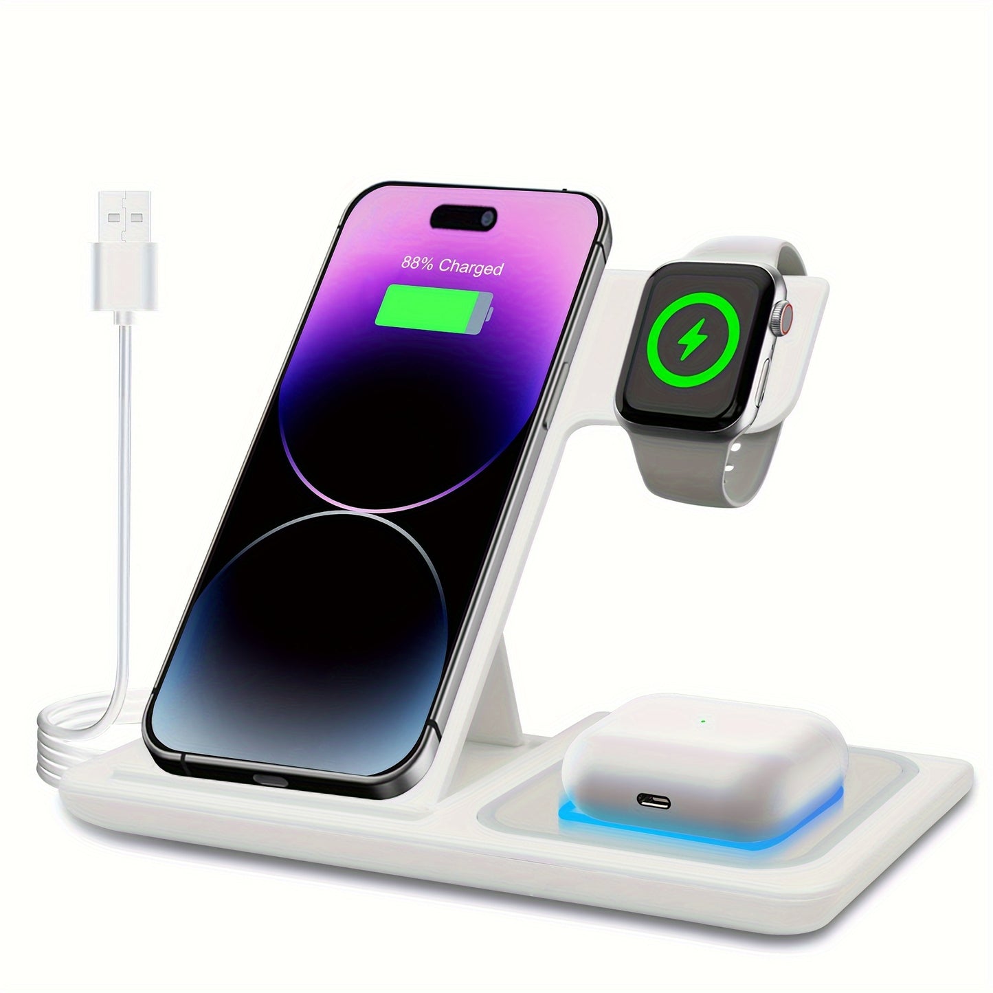 Portable 3 In 1 Fast Wireless Charger, Foldable Wireless Charging Station Suitable For Multiple Apple Accessories - Cyber Setups - White Without Adapter