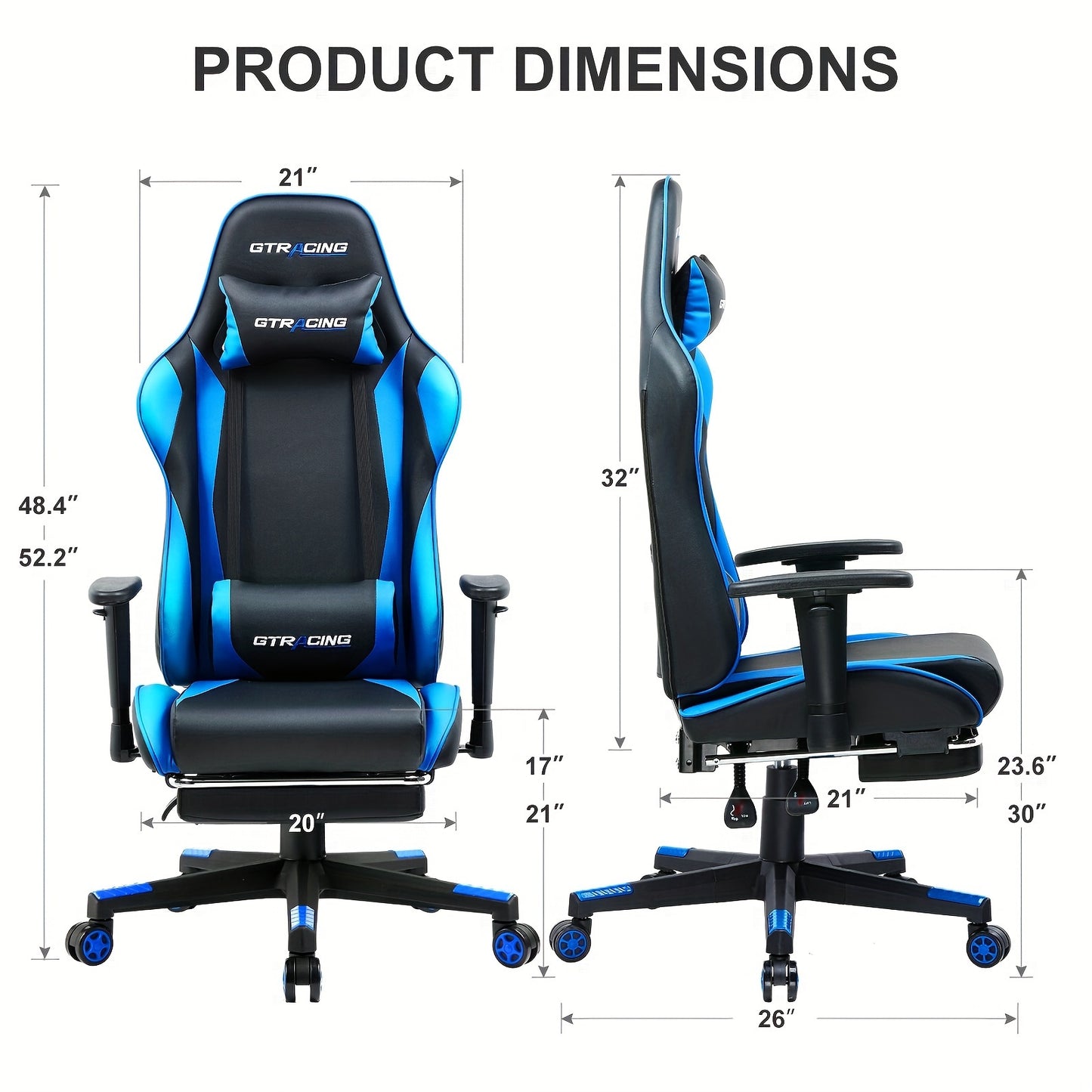 GTRACING Racing Style Ergonomic Gaming Chair with Reclining Function - Cyber Setups - Blue