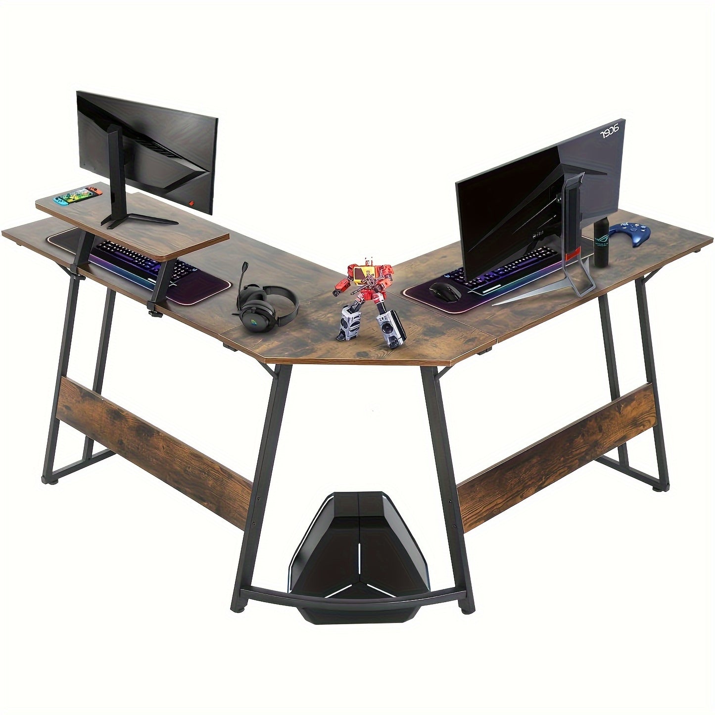 DOPINMIN L-Shaped Corner Computer Desk with Large Monitor Stand and Carbon Fiber Surface - Cyber Setups - Brown