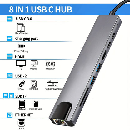 8 in 1 USB C Hub Type C to 4K HDTV Adapter - Cyber Setups -