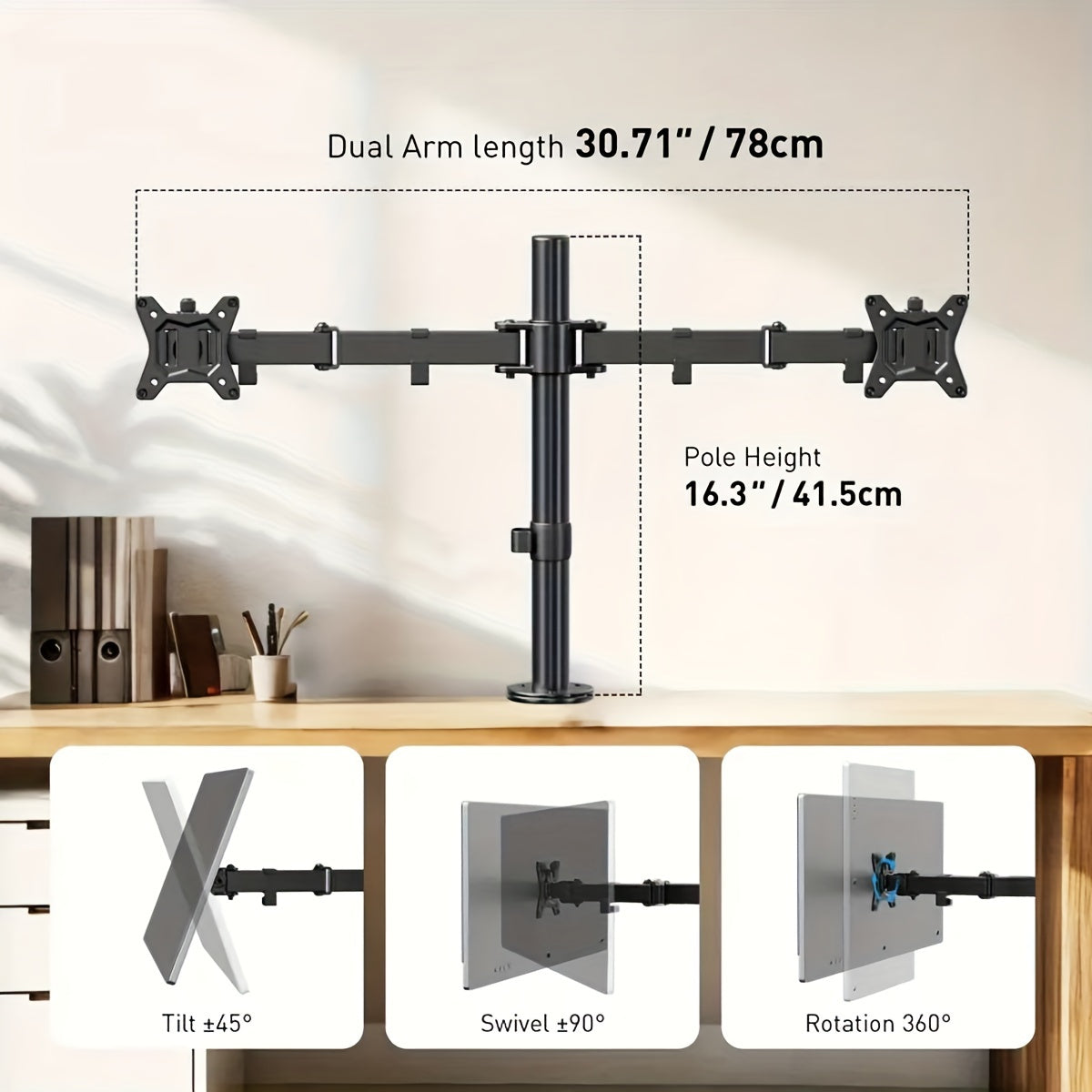 Adjustable Dual Monitor Arm for Desk with 32 Inch Max, Holds Up to 17.6 lbs, Black/White - Cyber Setups -