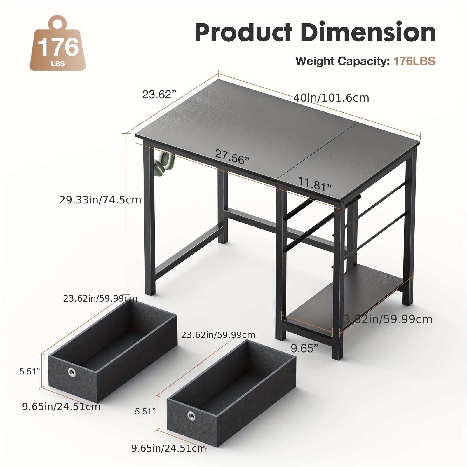 OLIXIS 40-Inch Modern Computer Desk with Storage Drawers - Cyber Setups - Black