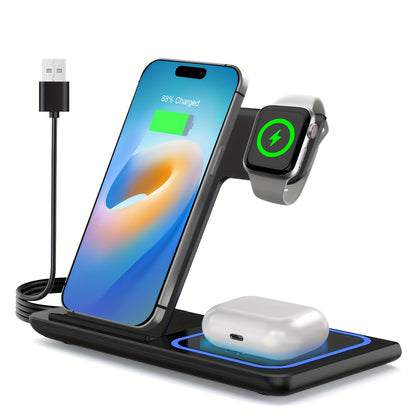 Portable 3 In 1 Fast Wireless Charger, Foldable Wireless Charging Station Suitable For Multiple Apple Accessories - Cyber Setups - Black-Without Adapter