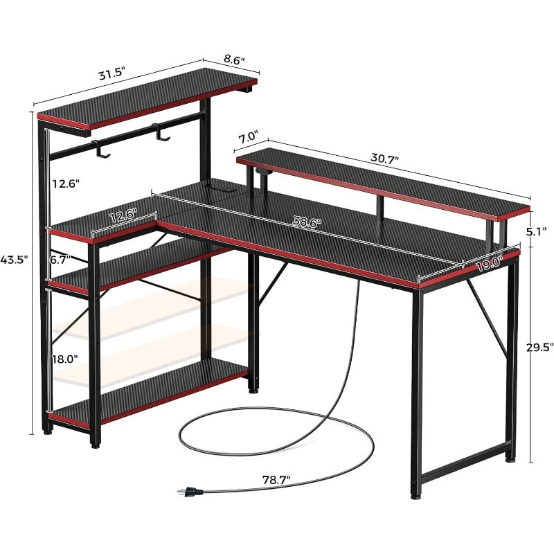 GREENSTELL 39" L-Shaped Gaming Desk with Power Outlet, LED Lights, and Monitor Stand - Cyber Setups - Carbon Fiber Black / 47”