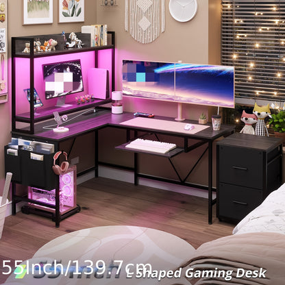 MSmask 55-Inch L-Shaped Gaming Desk with Power Outlet, LED Lights, and Storage - Dark Grey - Cyber Setups - Dark Gray