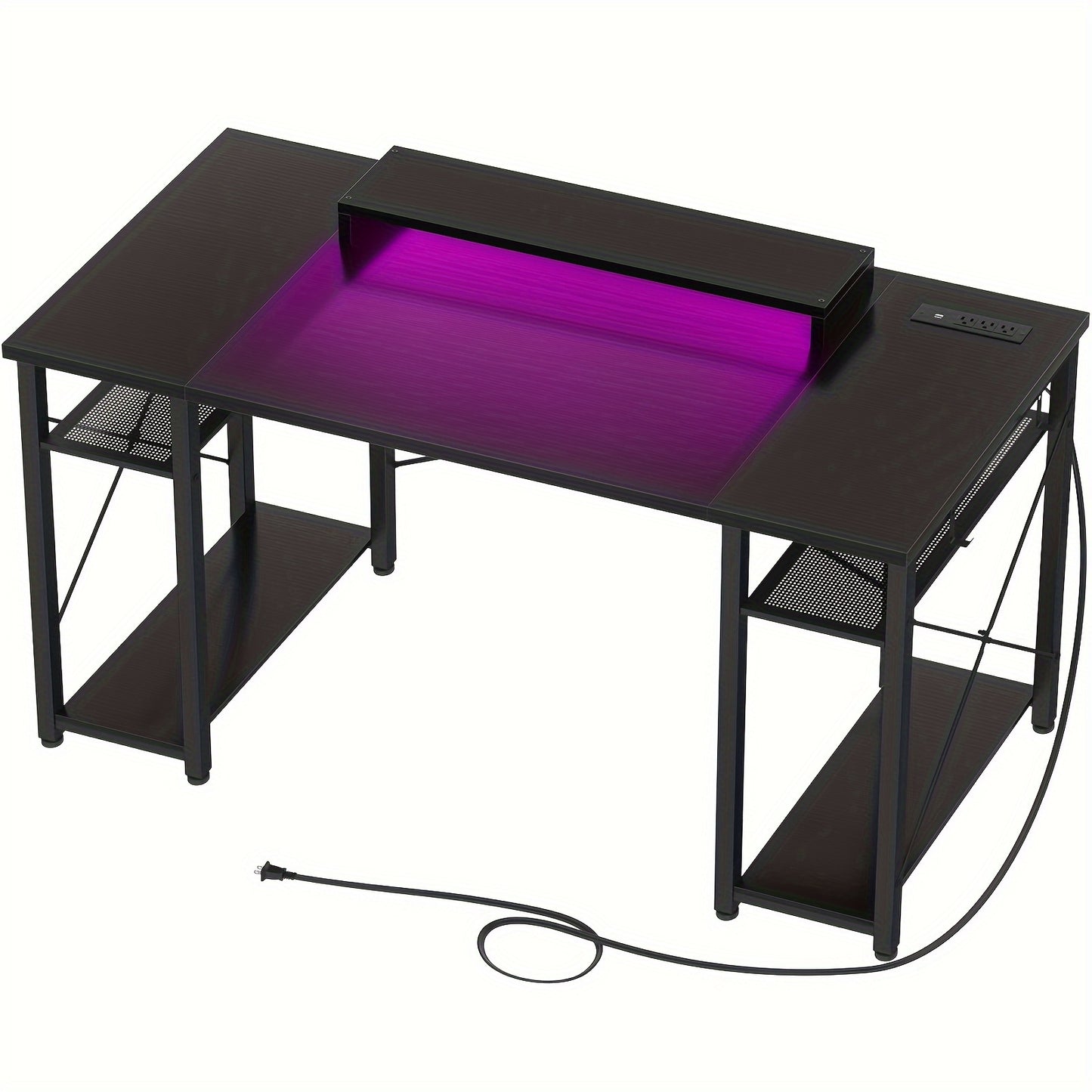 Armocity Black Computer Desk with LED Lights, Power Outlet, Storage Shelves, and Monitor Stand - Cyber Setups - 55 Inch