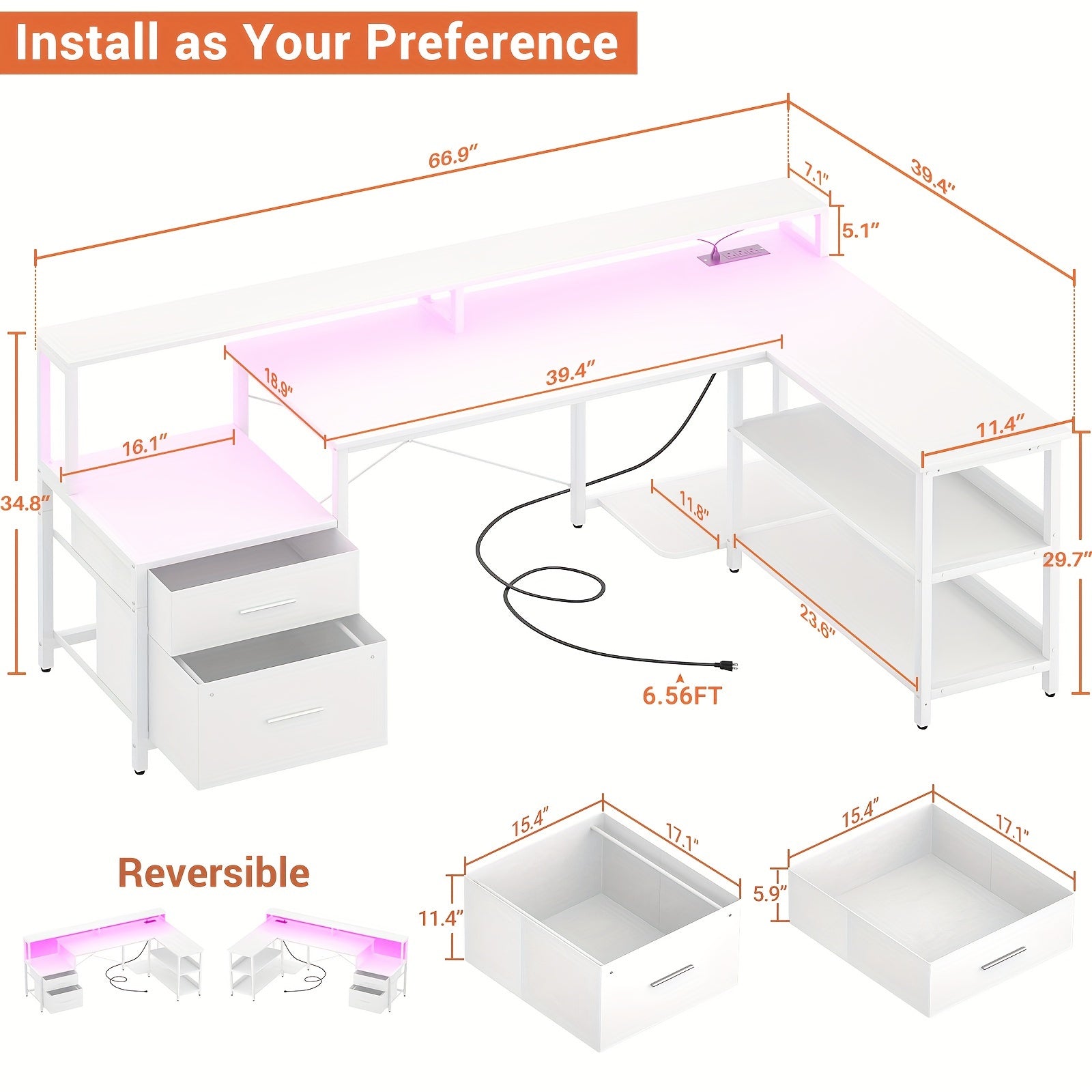 66" L Shaped Desk with Power Outlet, with LED Strip - Cyber Setups -