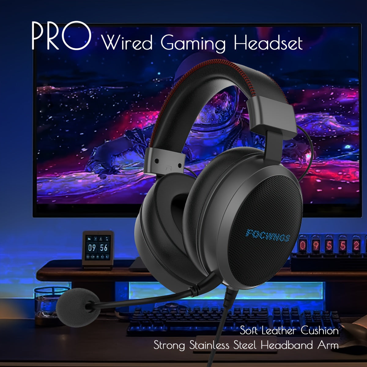 PRO Wired Gaming Headset with Noise-Canceling Mic, Tangle-Free Cord, Stainless Steel Headband - Cyber Setups - Black