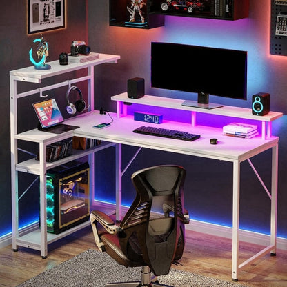 GREENSTELL 39" L-Shaped Gaming Desk with Power Outlet, LED Lights, and Monitor Stand - Cyber Setups - White / 47”