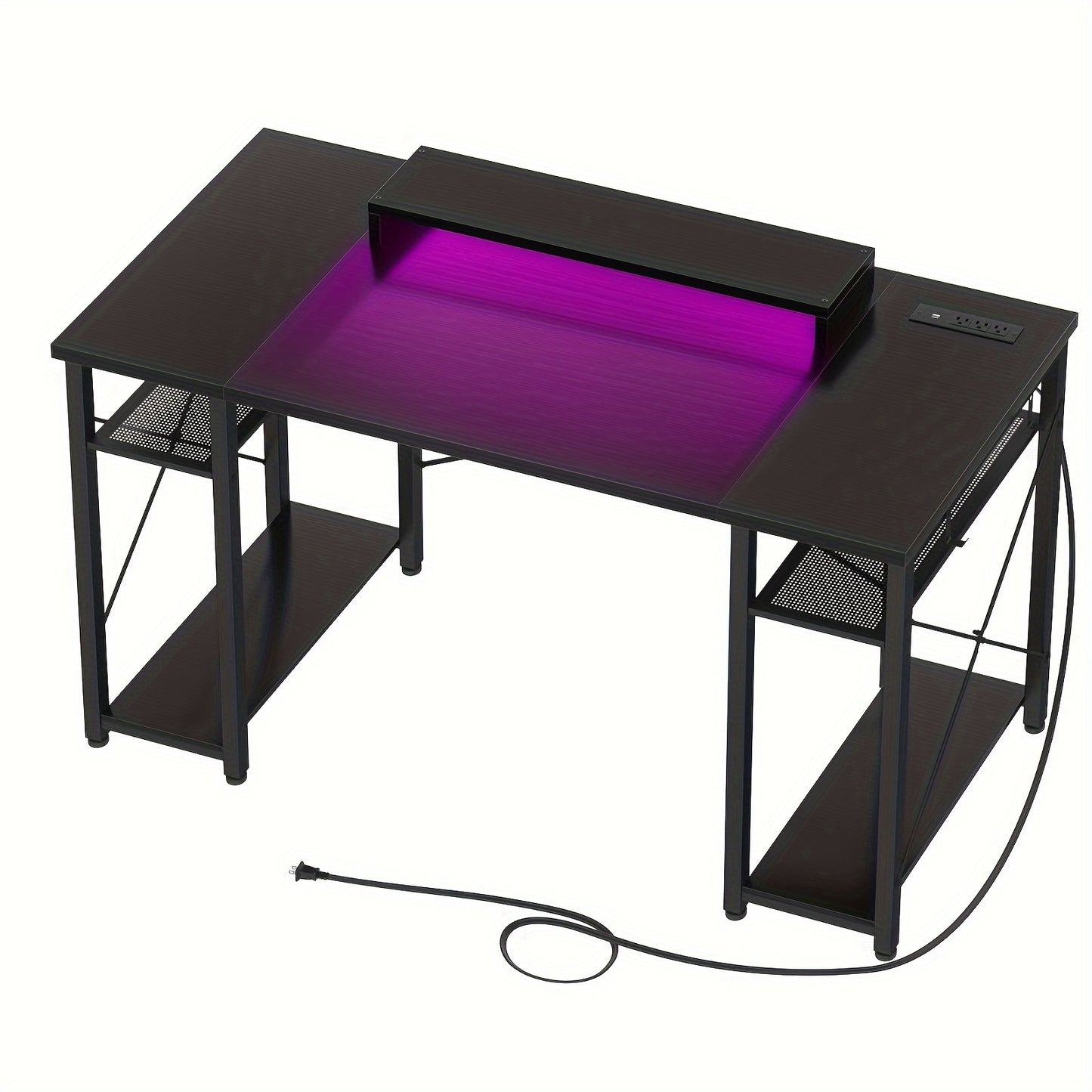 Armocity Black Computer Desk with LED Lights, Power Outlet, Storage Shelves, and Monitor Stand - Cyber Setups - 47 Inch