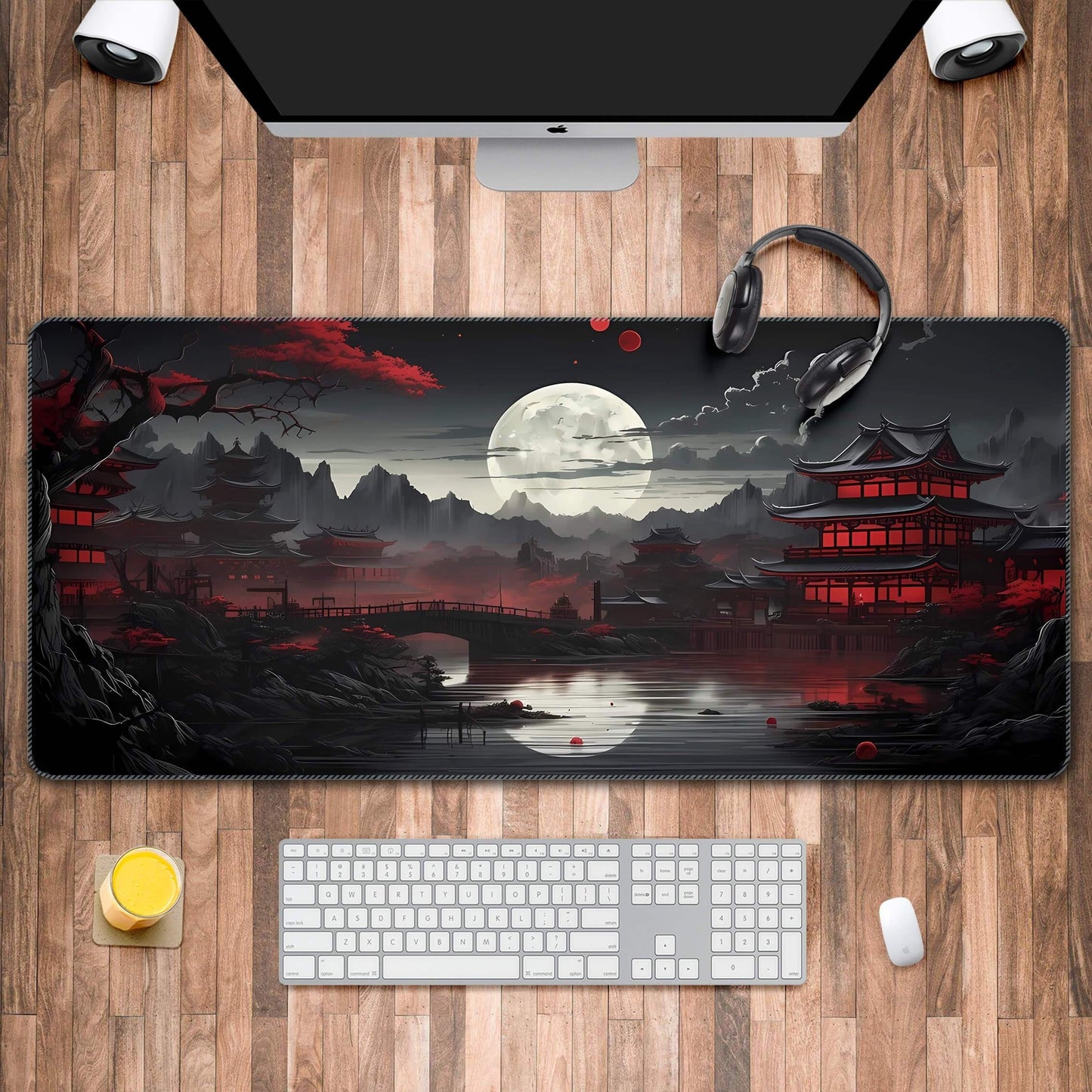 Crimson Moon Pagoda Gaming Mouse Pad – XXLarge Desk Mat - Cyber Setups - 35x16 In.(90x40 Cm)