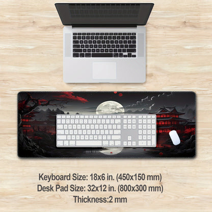 Crimson Moon Pagoda Gaming Mouse Pad – XXLarge Desk Mat - Cyber Setups - 32x12 In.(80x30 Cm)