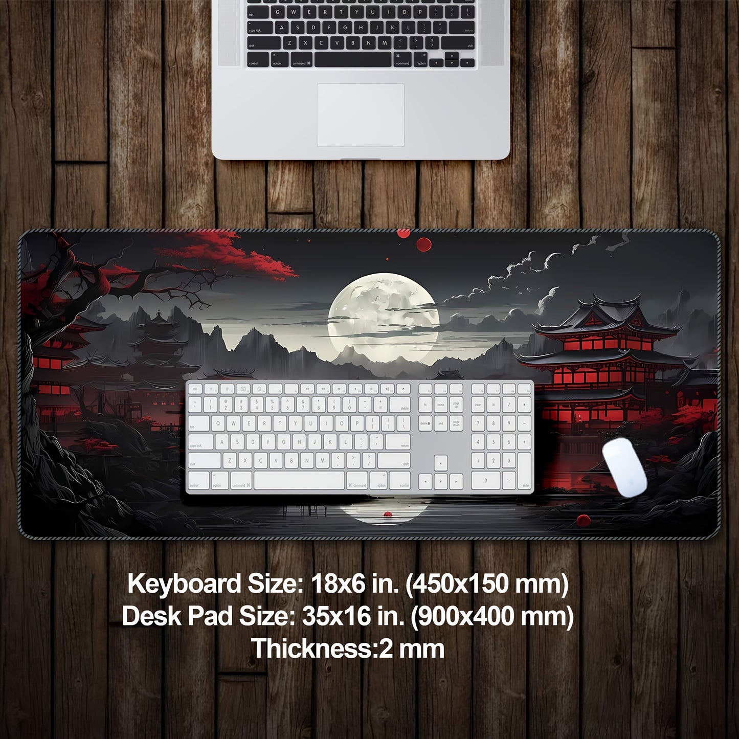 Crimson Moon Pagoda Gaming Mouse Pad – XXLarge Desk Mat - Cyber Setups - 35x16 In.(90x40 Cm)