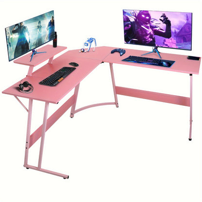 DOPINMIN L-Shaped Corner Computer Desk with Large Monitor Stand and Carbon Fiber Surface - Cyber Setups - pink