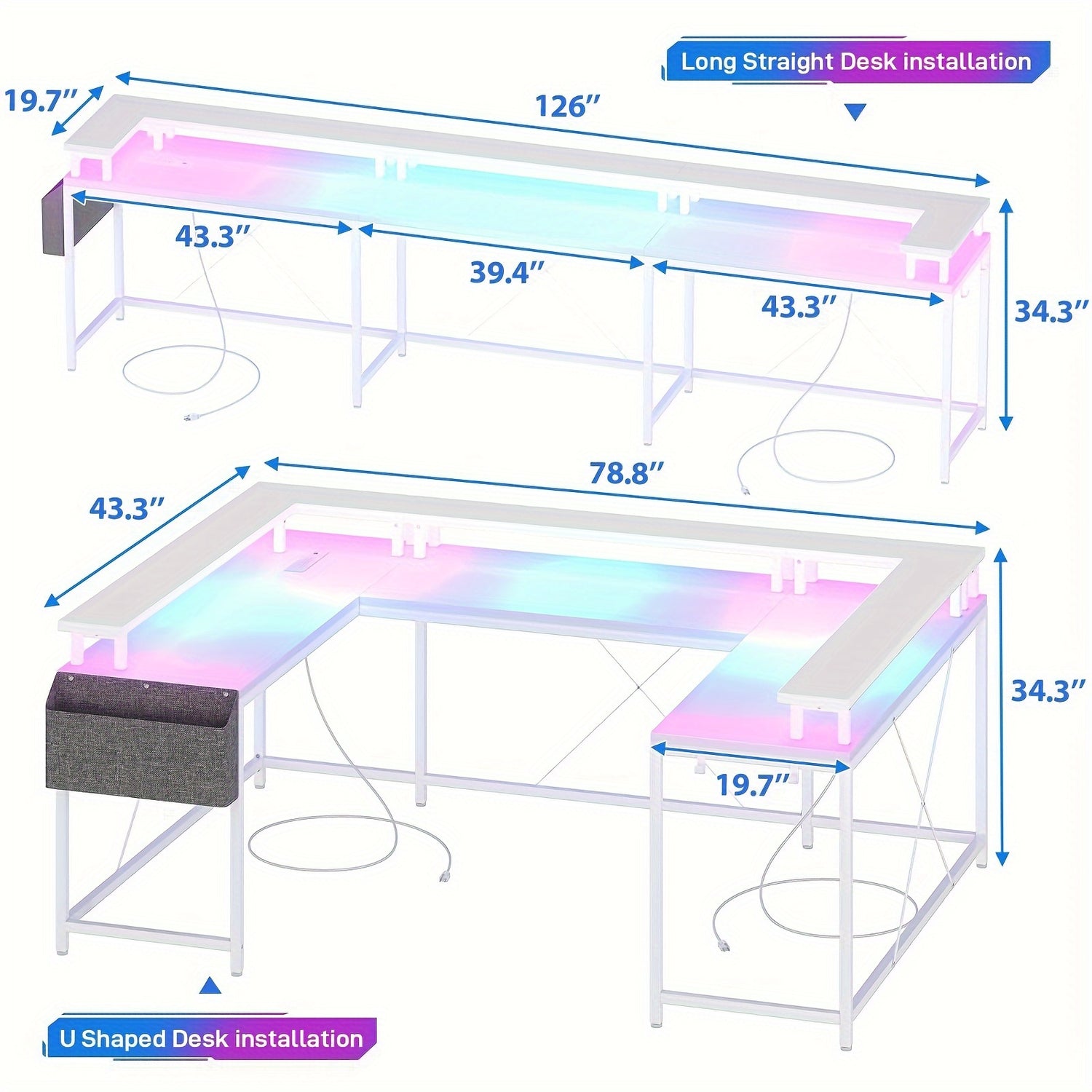 MERXENG 126-Inch U-Shaped Gaming Desk with Monitor Stand and LED Lights - Cyber Setups - White