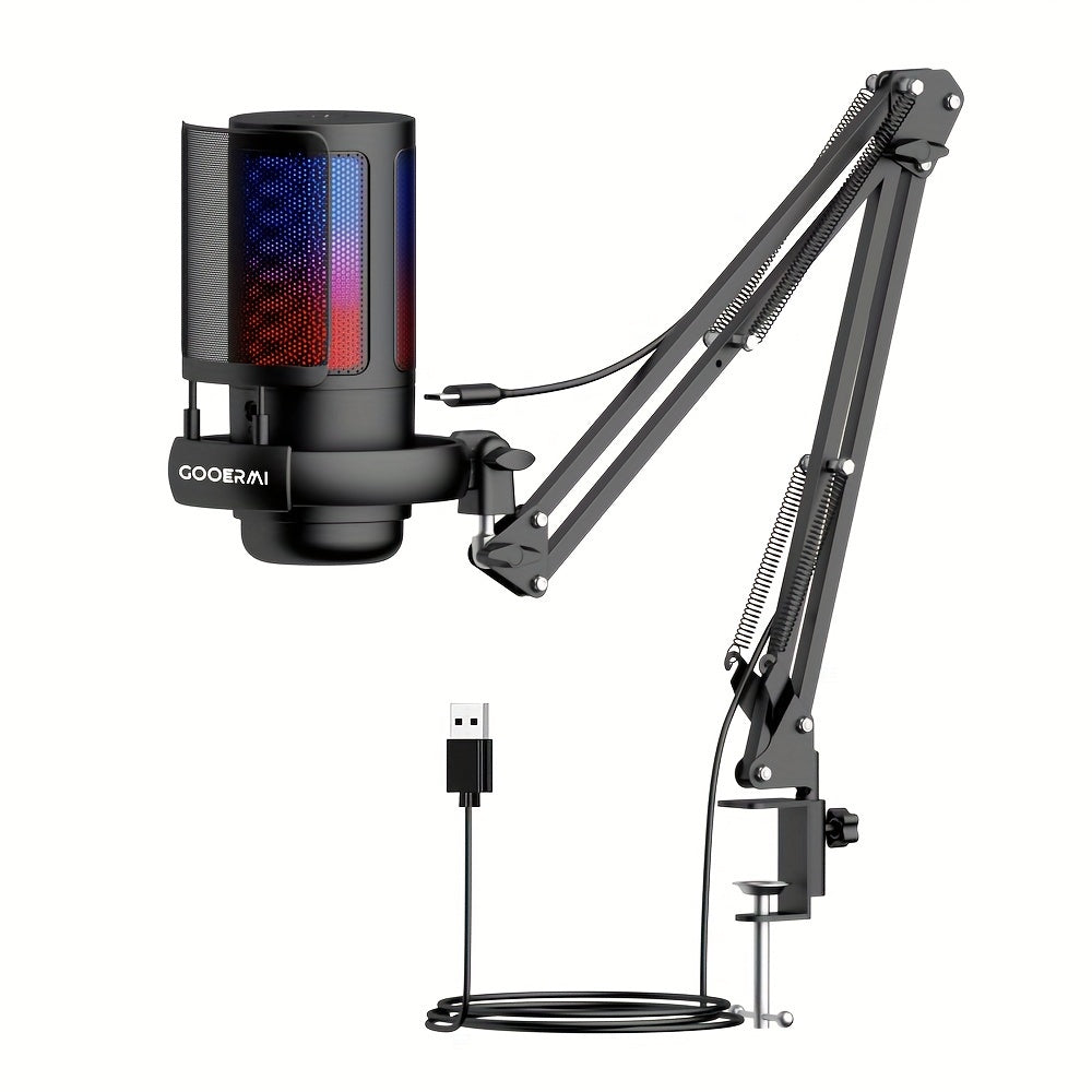 Game USB Microphone, RGB Condenser Microphone With Tripod - Cyber Setups - Black