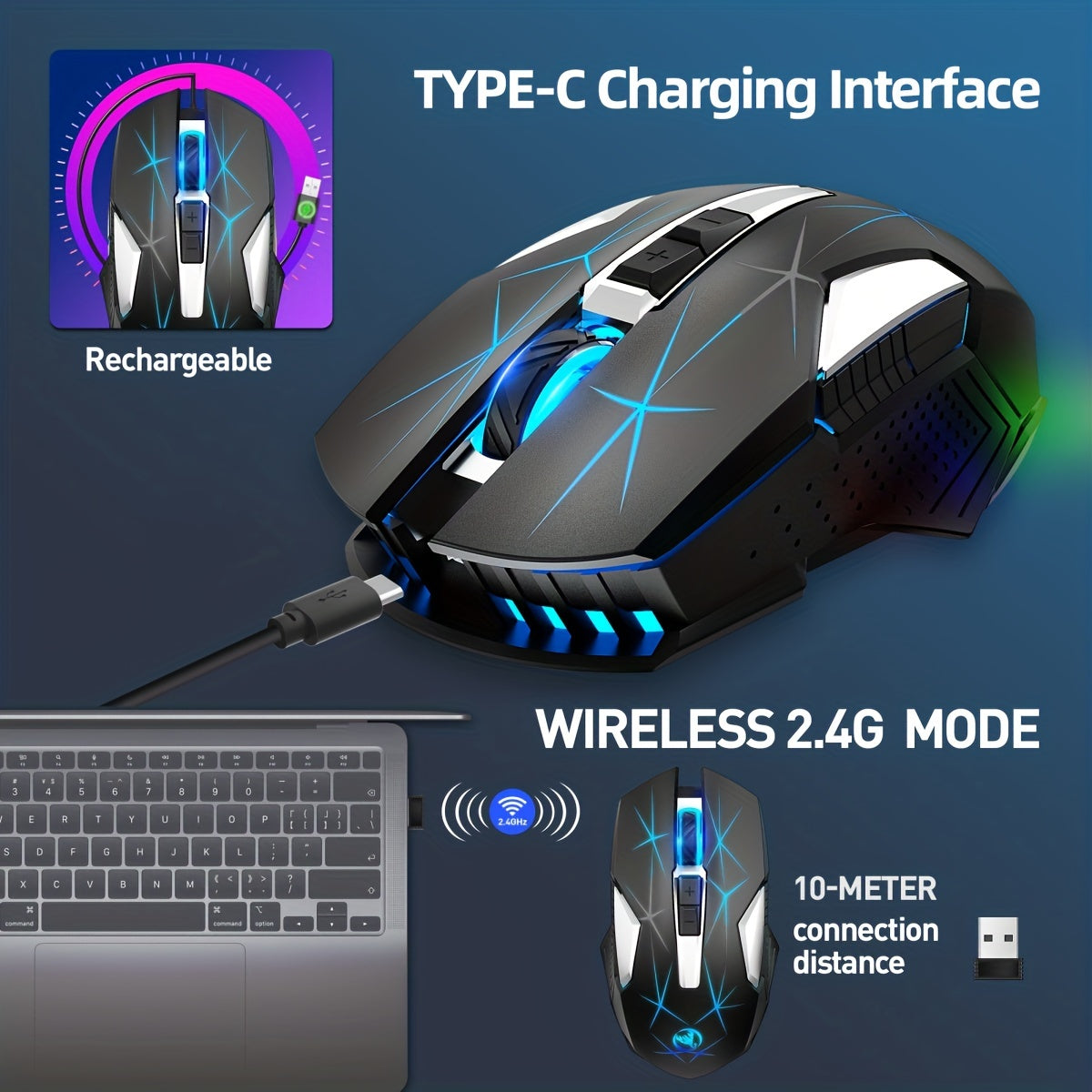 HXSJ 2.4G Wireless Rechargeable Mouse with Color Backlight - Cyber Setups - Black