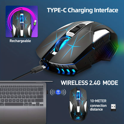 HXSJ 2.4G Wireless Rechargeable Mouse with Color Backlight - Cyber Setups - Black