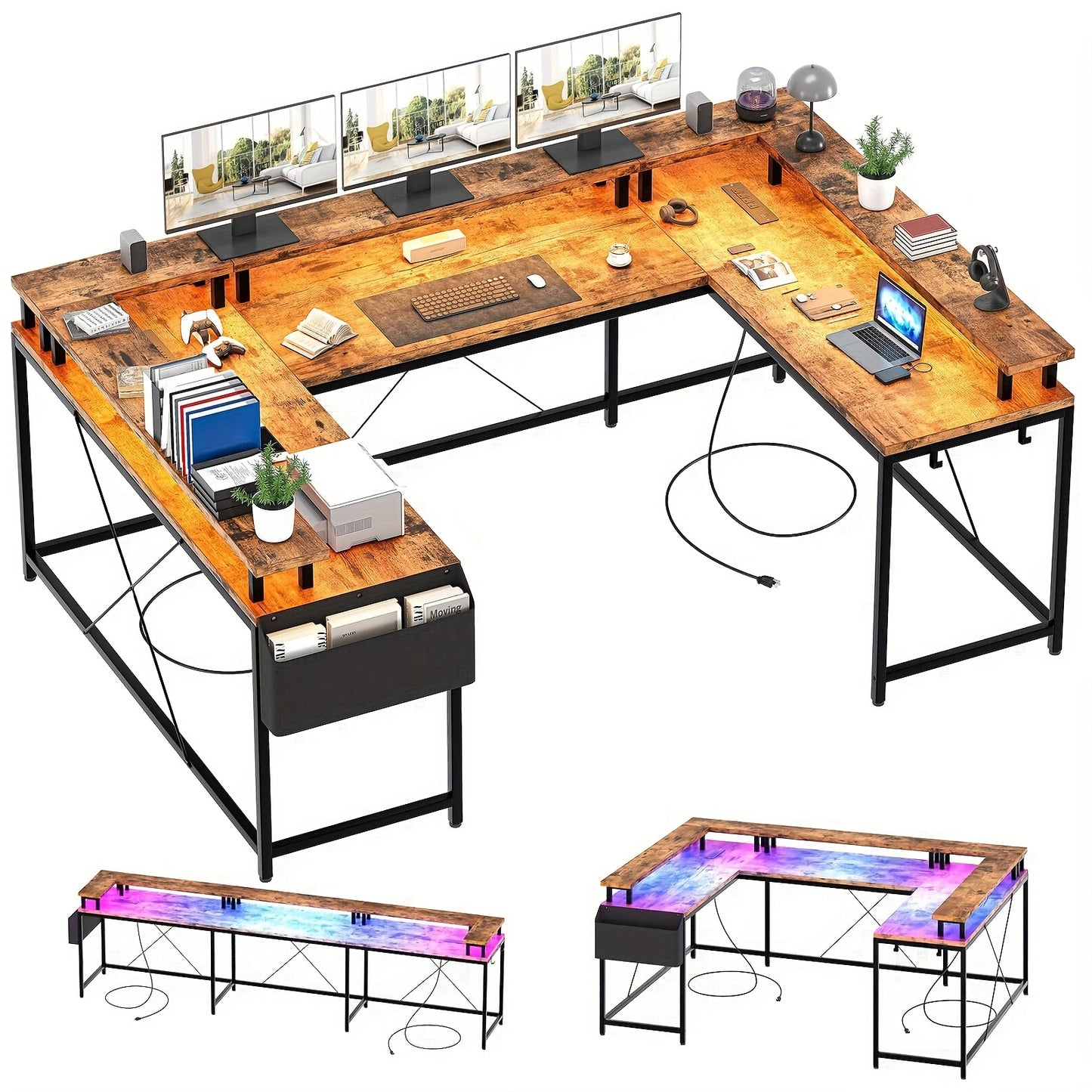 MERXENG 126-Inch U-Shaped Gaming Desk with Monitor Stand and LED Lights - Cyber Setups - Brown