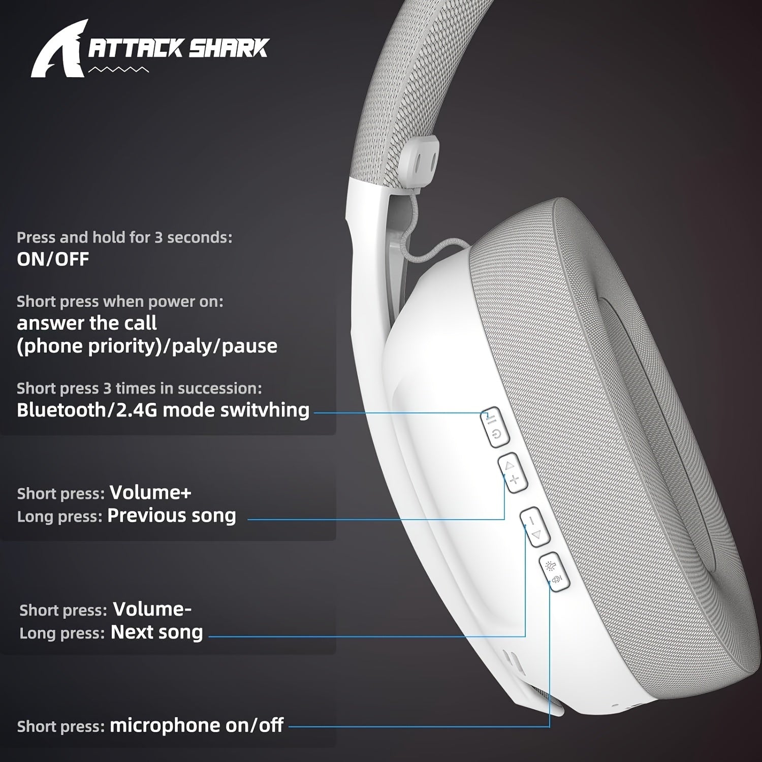 ATTACK SHARK L80 Lightweight Wireless Gaming Headset – 50H Battery, Noise Cancellation - Cyber Setups - White