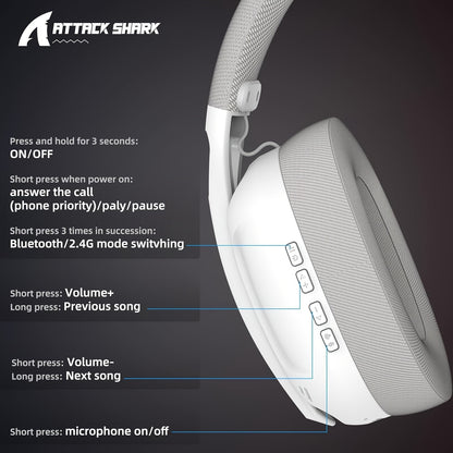 ATTACK SHARK L80 Lightweight Wireless Gaming Headset – 50H Battery, Noise Cancellation - Cyber Setups - White