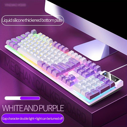 YINDIAO Wired Gaming Keyboard - Vibrant RGB Lighting with Liquid Silicone Bottom - Cyber Setups - White Purple