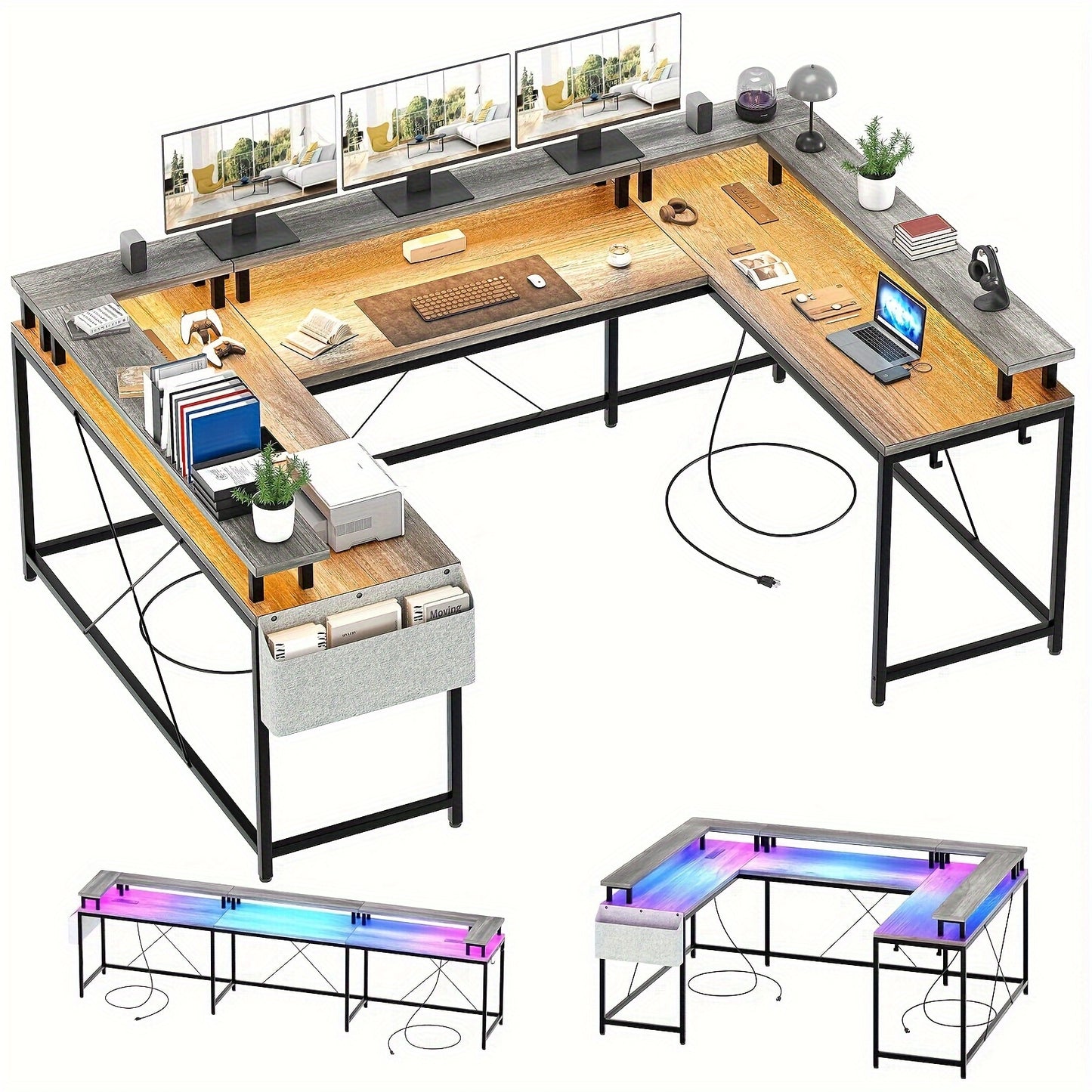 MERXENG 126-Inch U-Shaped Gaming Desk with Monitor Stand and LED Lights - Cyber Setups - grey