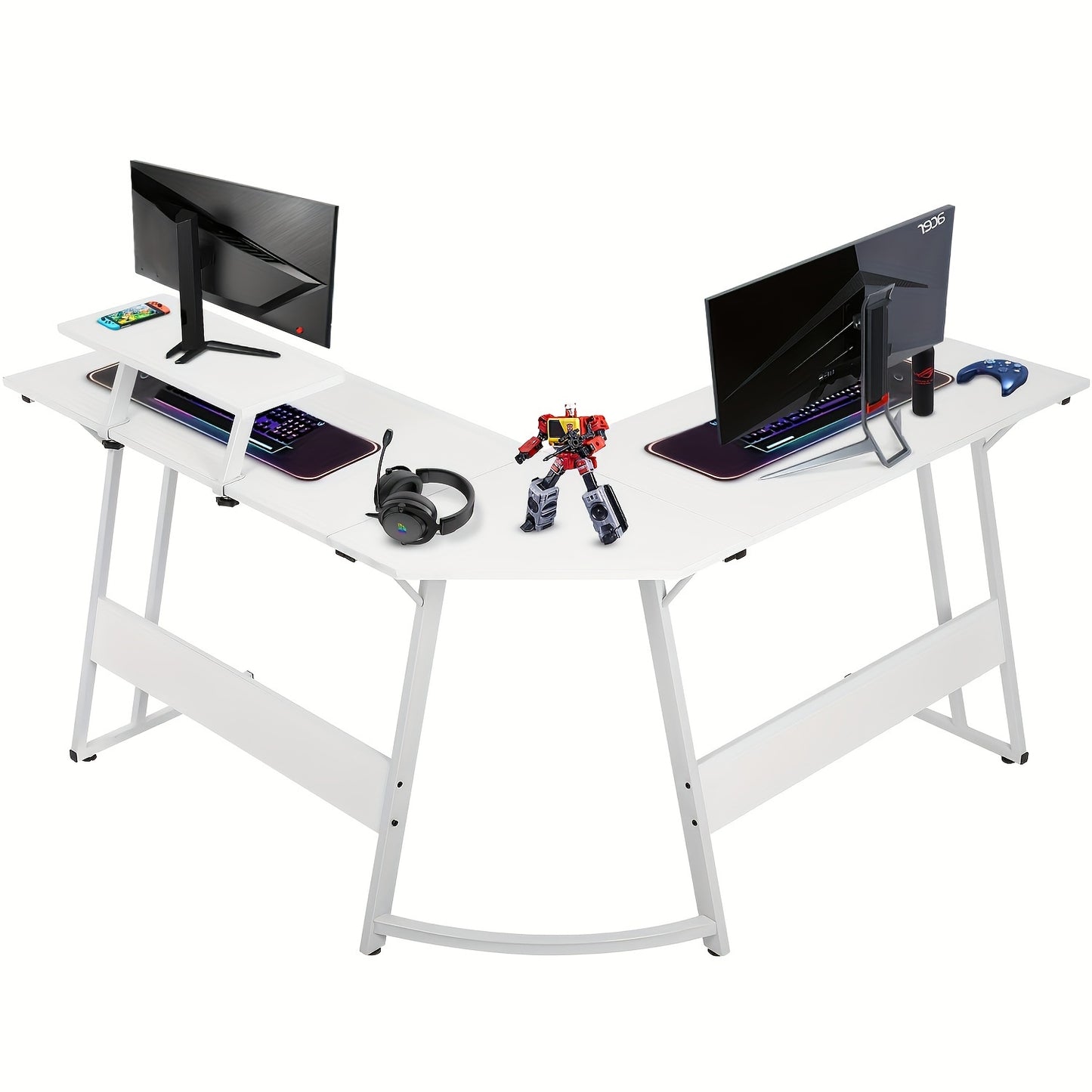 DOPINMIN L-Shaped Corner Computer Desk with Large Monitor Stand and Carbon Fiber Surface - Cyber Setups - White