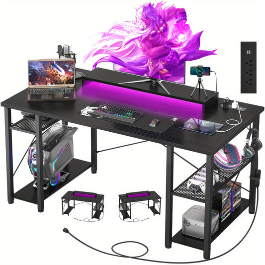 Armocity Black Computer Desk with LED Lights, Power Outlet, Storage Shelves, and Monitor Stand - Cyber Setups - 47 Inch