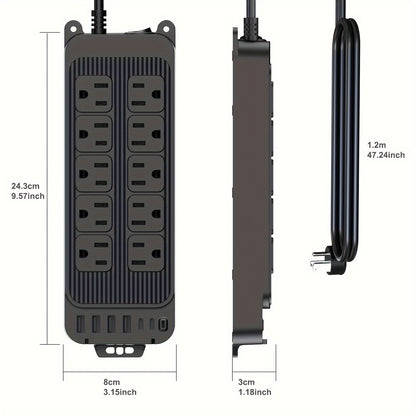 Flat Plug Power Strip, 4 Ft Thin Flat Extension Cord, 10 Widely Outlets, 6 USB Ports - Cyber Setups -