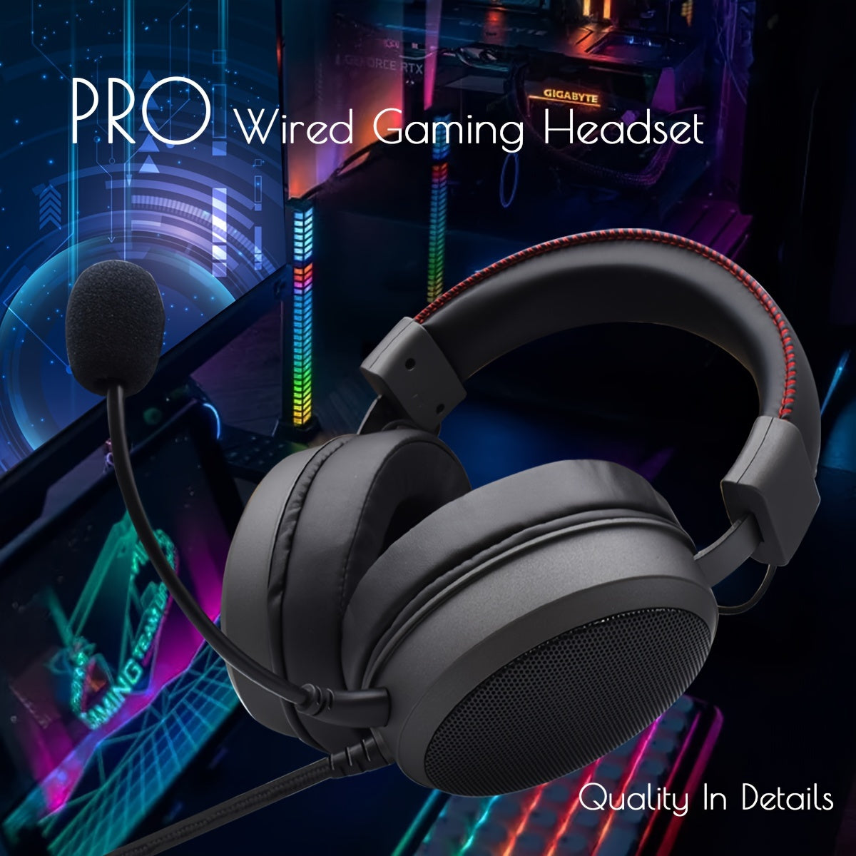 PRO Wired Gaming Headset with Noise-Canceling Mic, Tangle-Free Cord, Stainless Steel Headband - Cyber Setups - Black