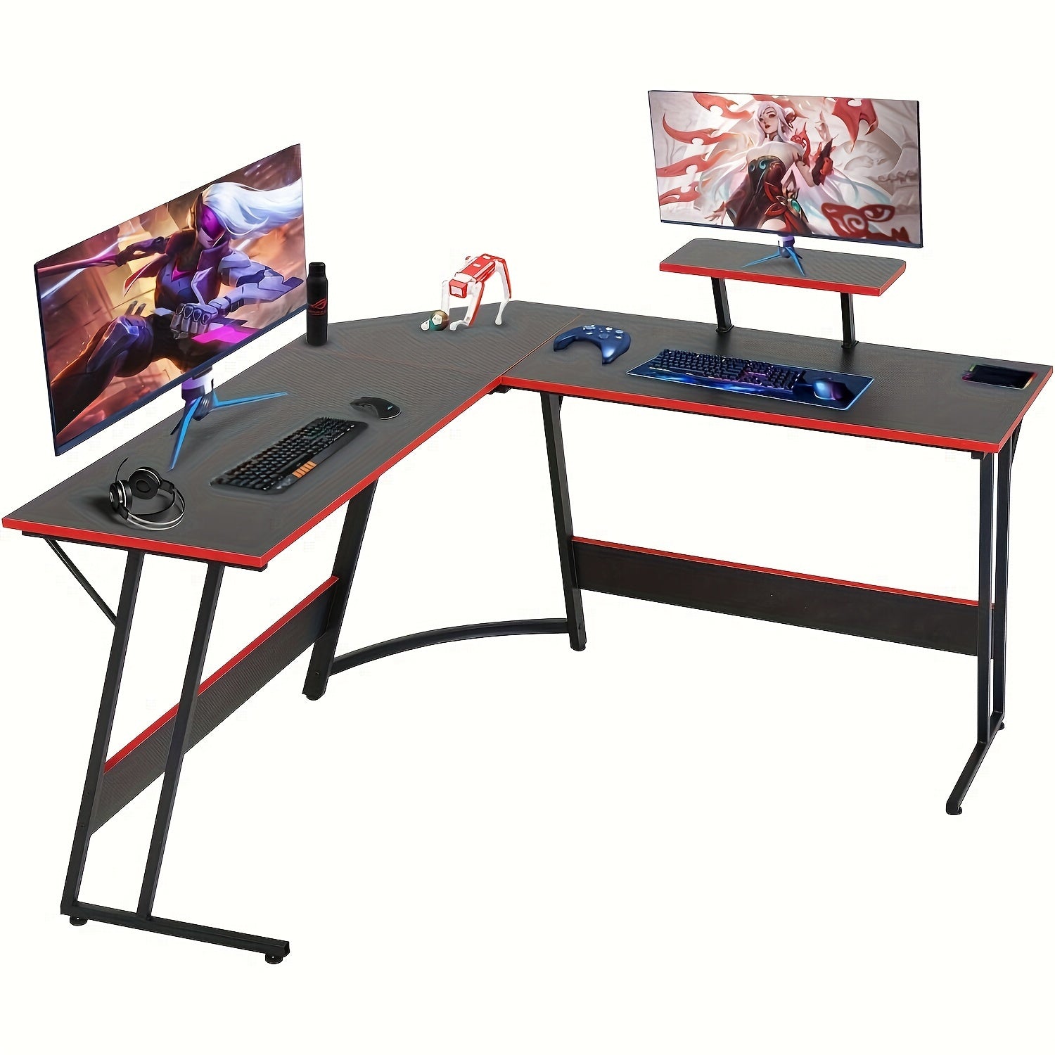 DOPINMIN L-Shaped Corner Computer Desk with Large Monitor Stand and Carbon Fiber Surface - Cyber Setups - Black