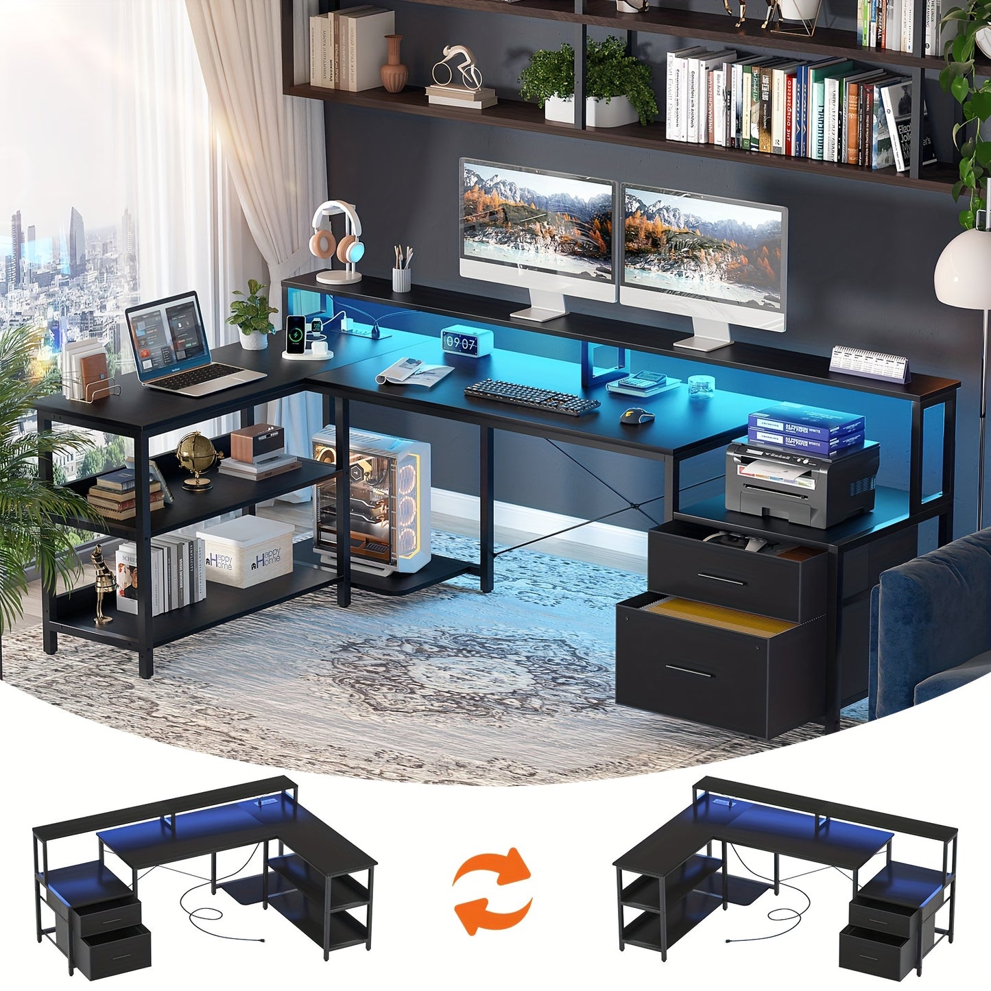 66" L Shaped Desk with Power Outlet, with LED Strip - Cyber Setups - Black