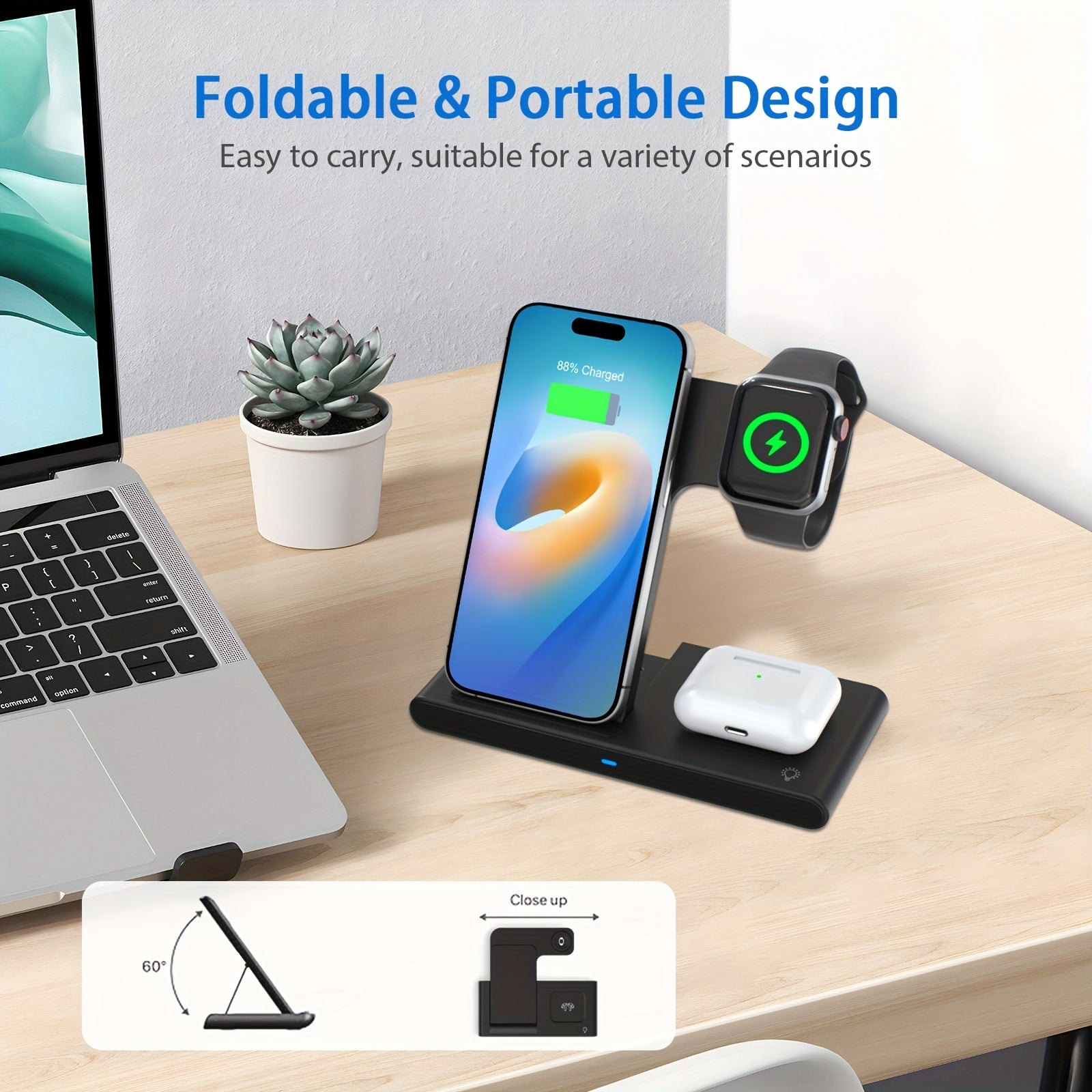 Portable 3 In 1 Fast Wireless Charger, Foldable Wireless Charging Station Suitable For Multiple Apple Accessories - Cyber Setups -