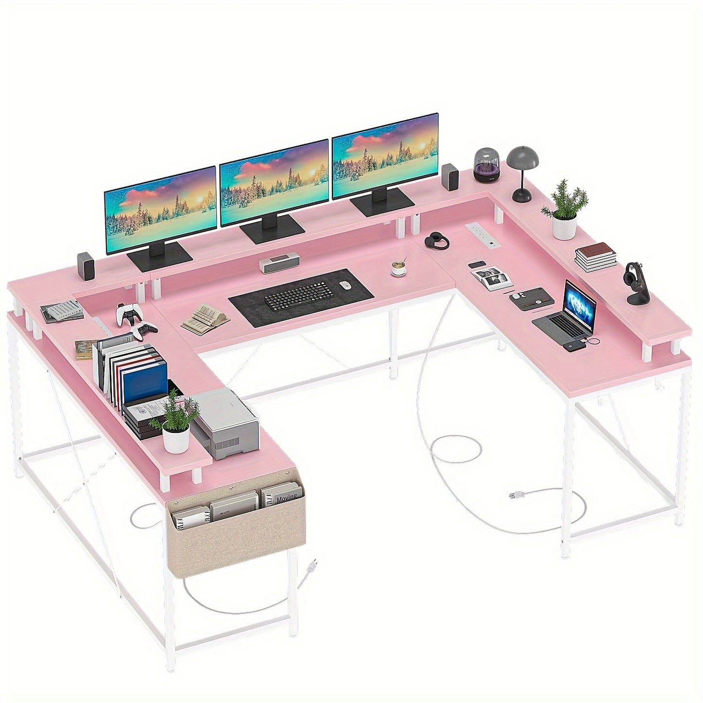 MERXENG 126-Inch U-Shaped Gaming Desk with Monitor Stand and LED Lights - Cyber Setups - Pink