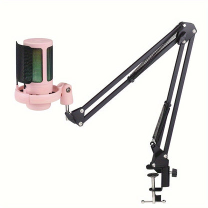 Game USB Microphone, RGB Condenser Microphone With Tripod - Cyber Setups - pink