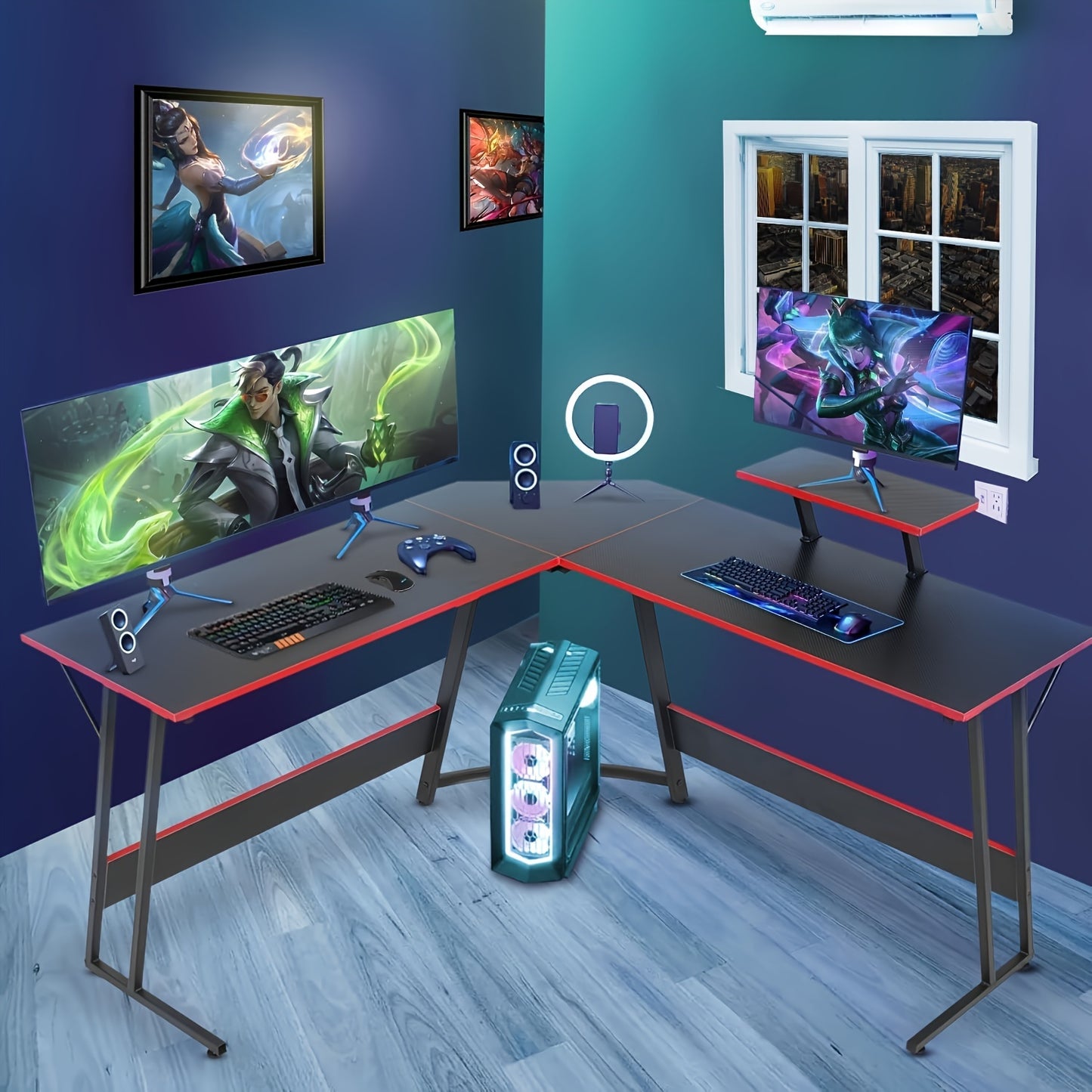 DOPINMIN L-Shaped Corner Computer Desk with Large Monitor Stand and Carbon Fiber Surface - Cyber Setups - Black