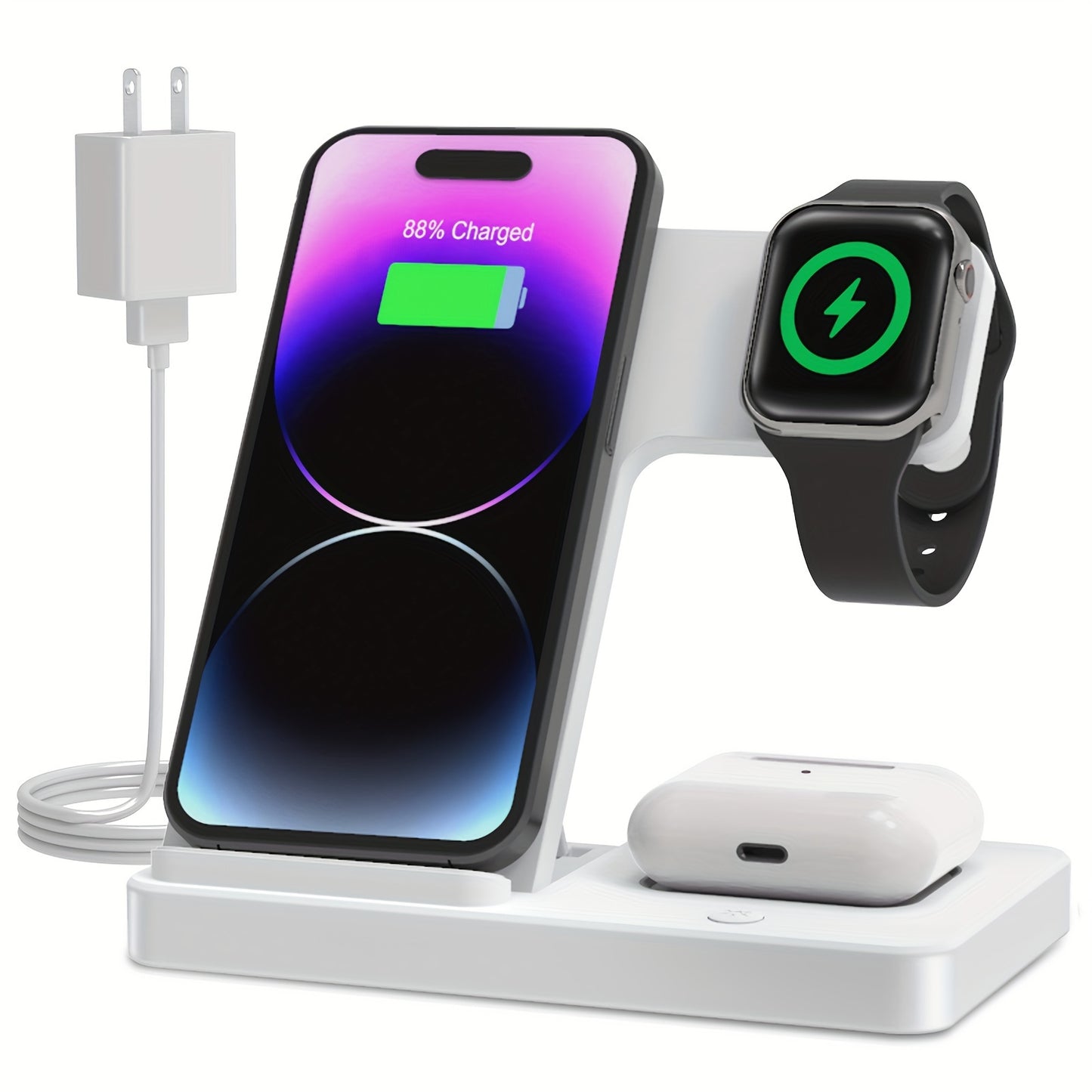 Portable 3 In 1 Fast Wireless Charger, Foldable Wireless Charging Station Suitable For Multiple Apple Accessories - Cyber Setups - White With Adapter