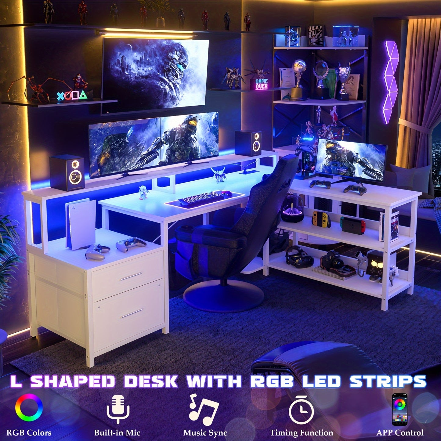 66" L Shaped Desk with Power Outlet, with LED Strip - Cyber Setups -